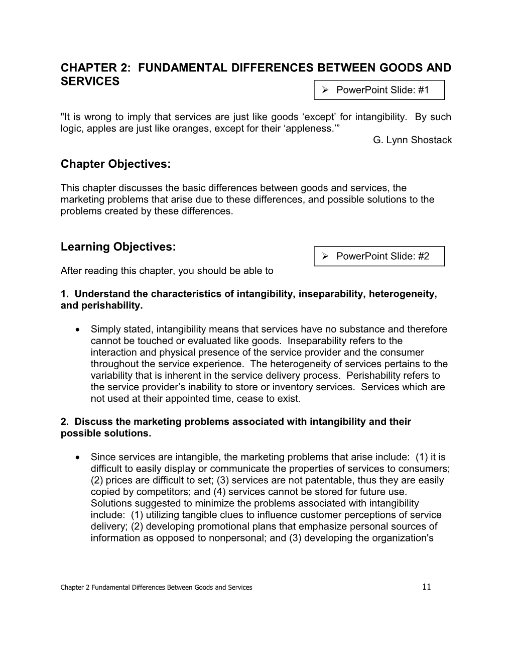 Chapter 2: Fundamental Differences Between Goods and Services