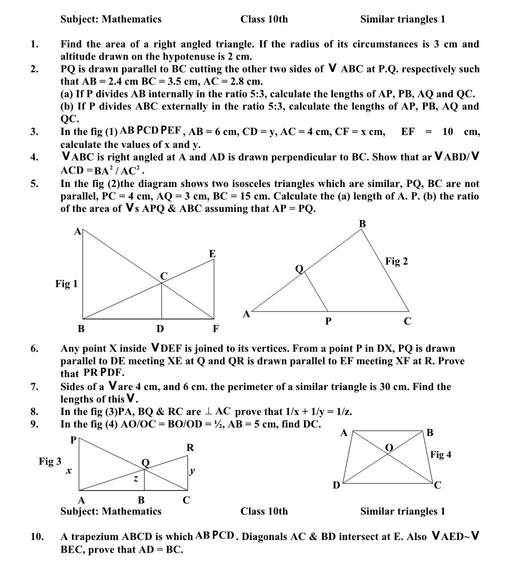 Subject: Mathematicsclass 10Thsimilar Triangles 1