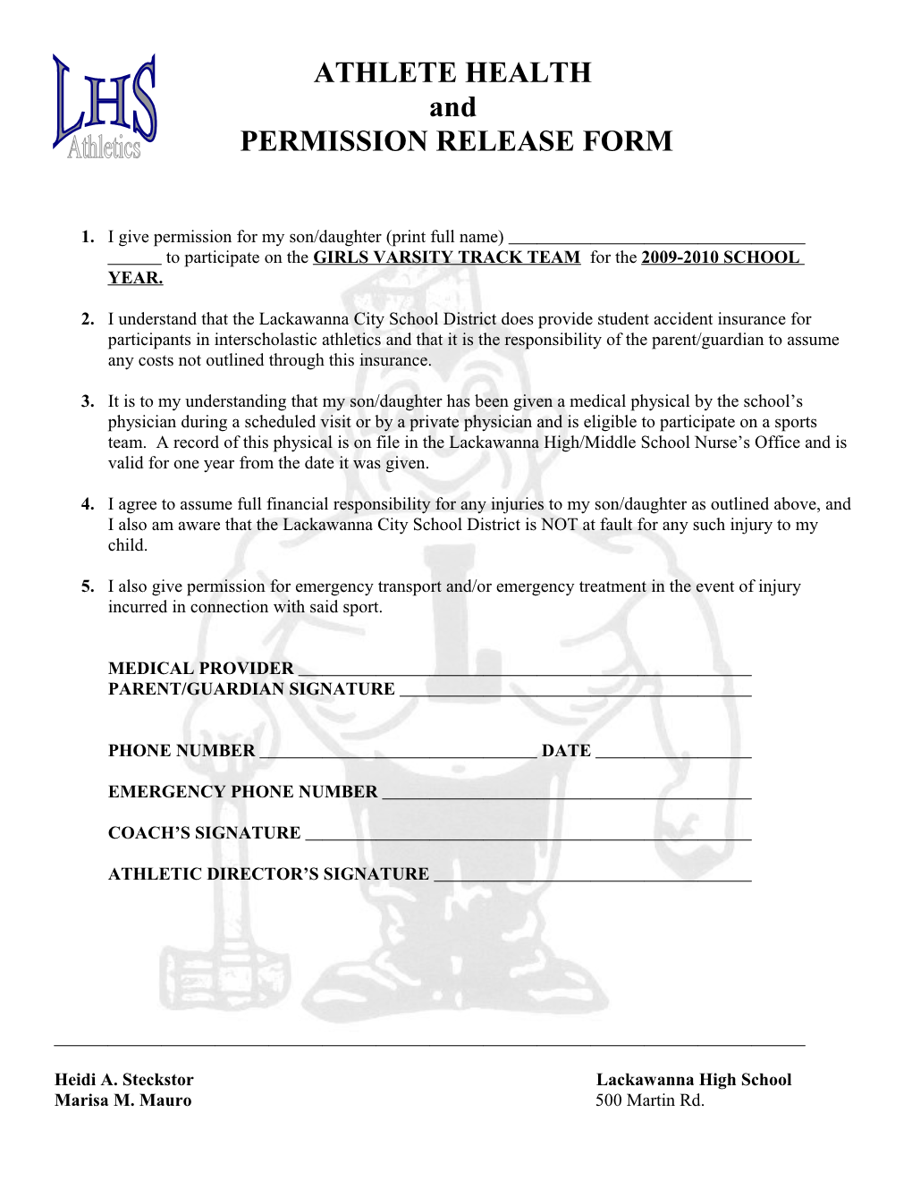 Competitive Sports Permission Form