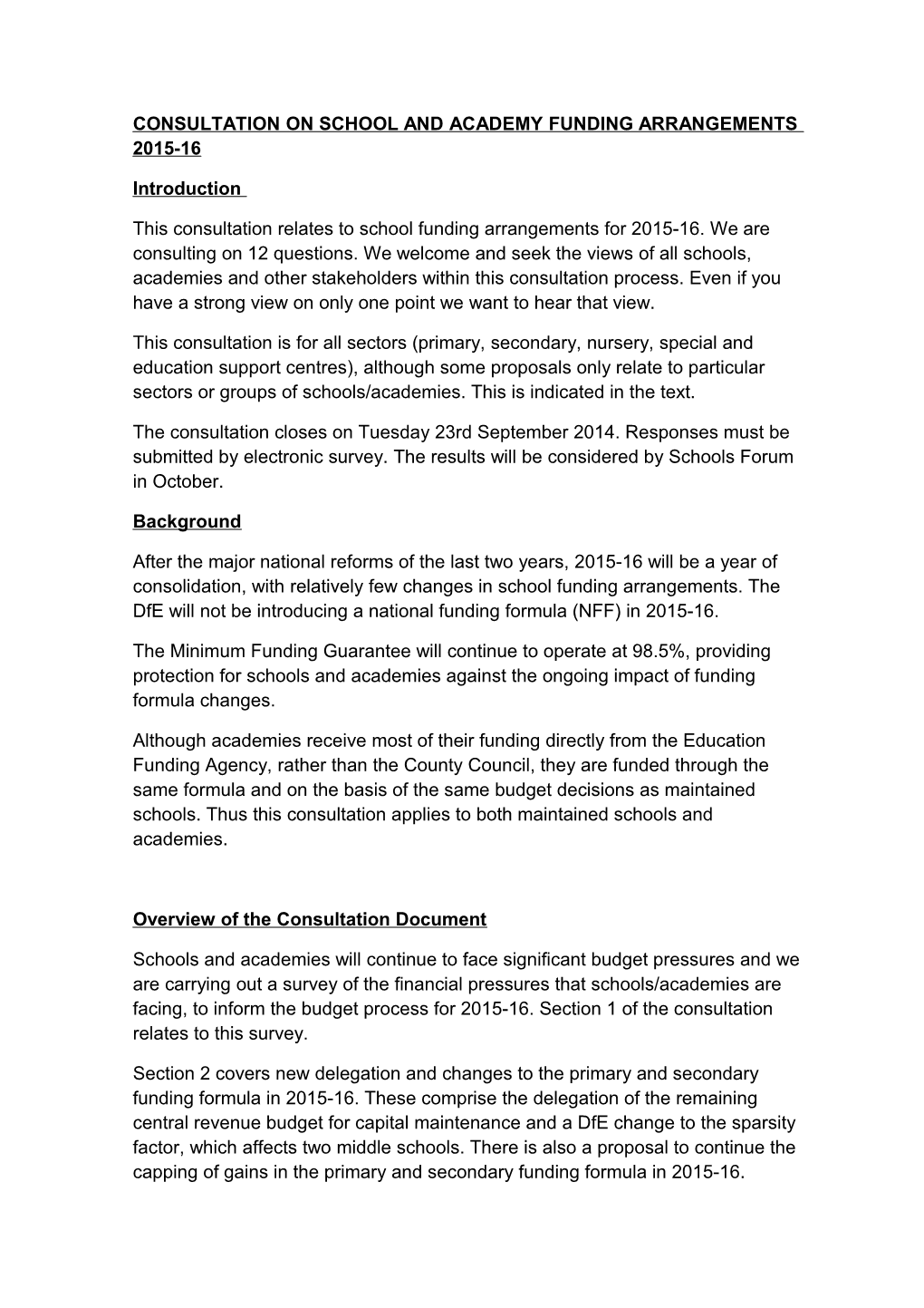 Consultation on School Funding Arrangements 2015-16