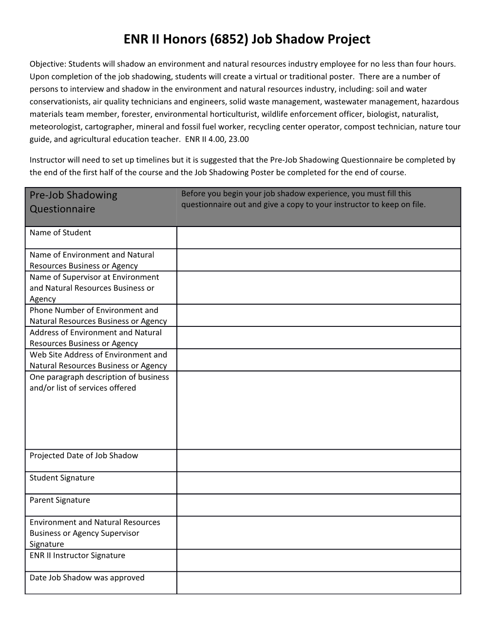 ENR II Honors (6852) Job Shadow Project