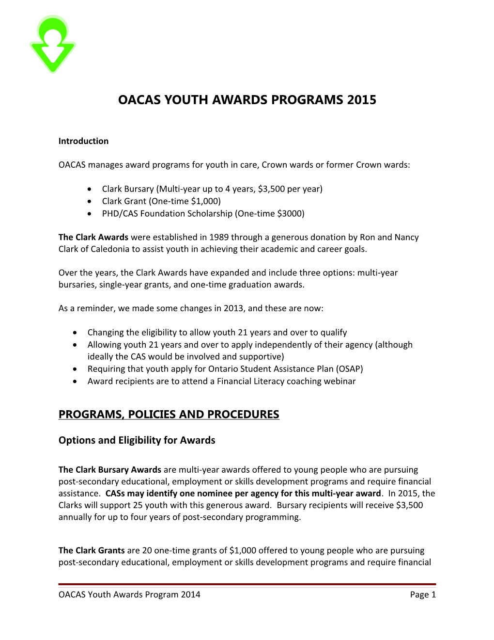 OACAS YOUTH Awards PROGRAMS 2015