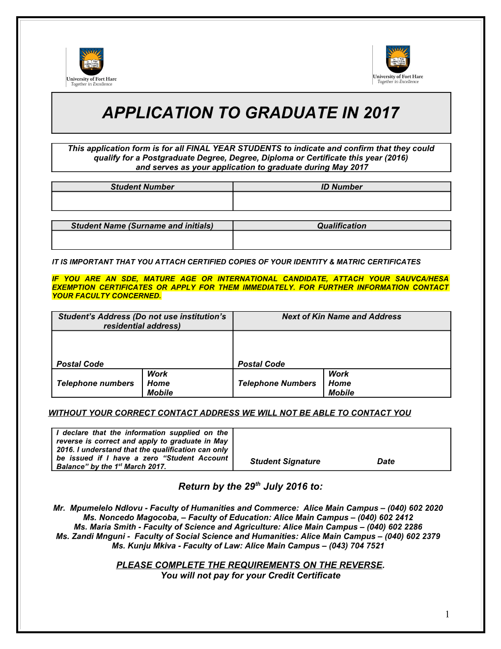 Application to Graduate in 2017