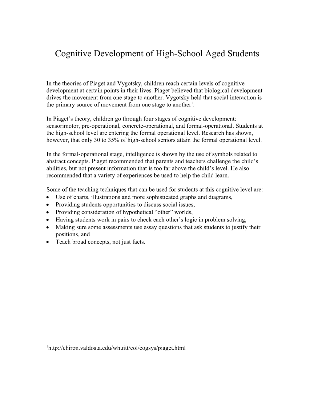 Cognitive Development of High-School Aged Students