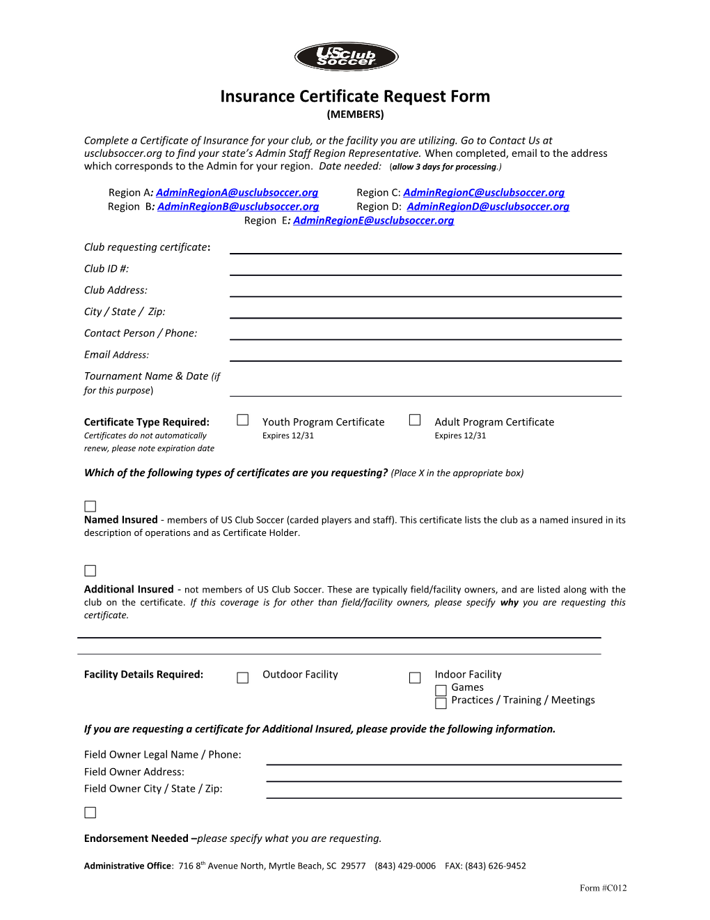Insurance Certificate Request Form
