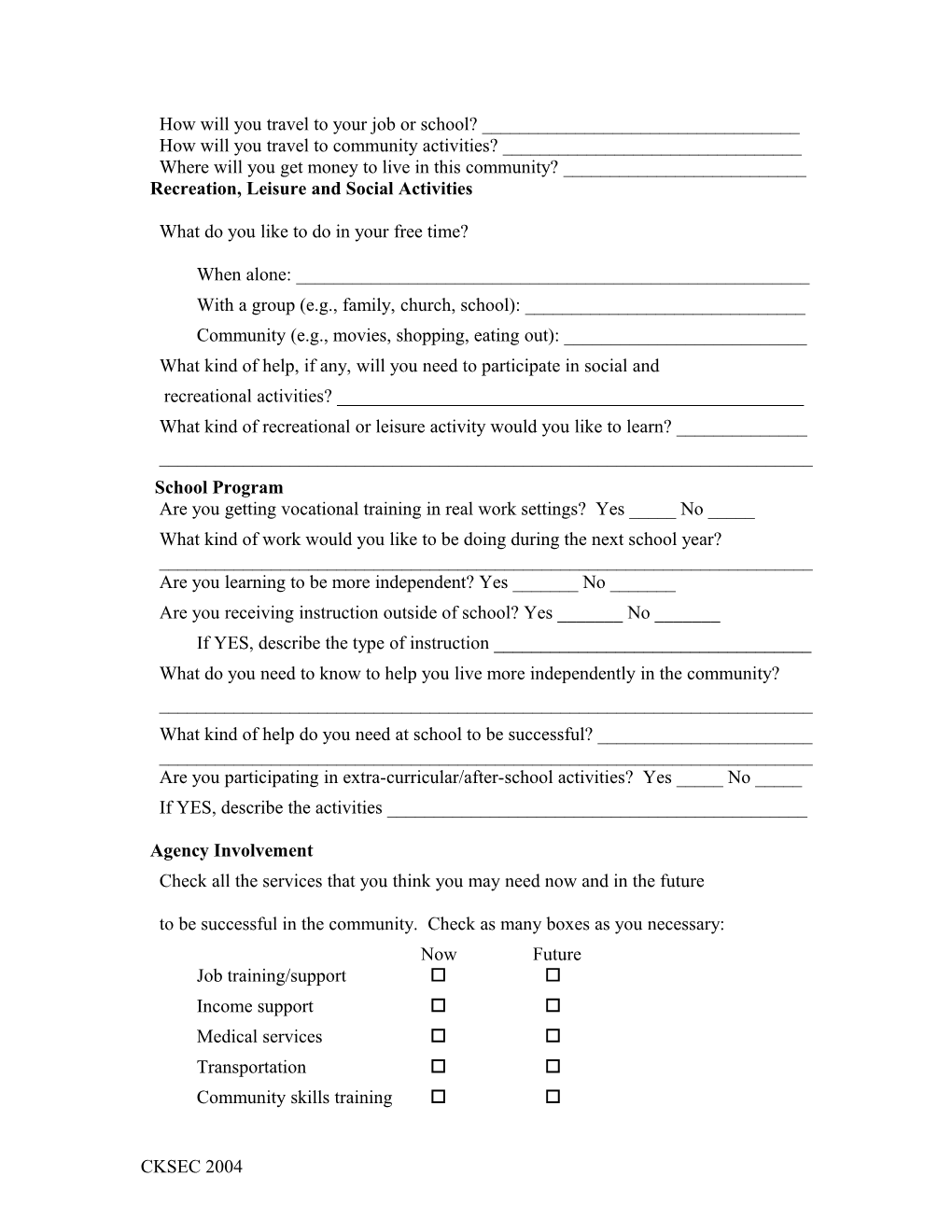 Student Survey for Transition Planning