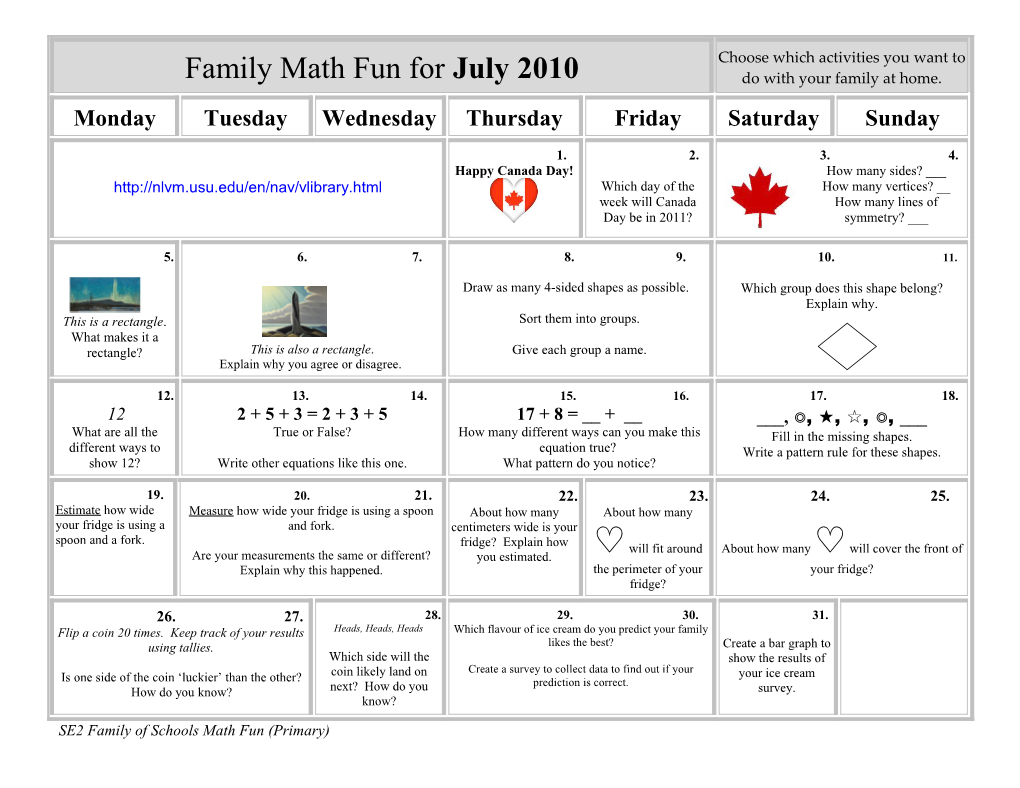 SE2 Family of Schools Math Fun (Primary)