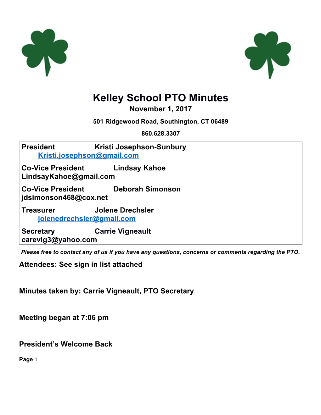 Kelley School PTO Minutes