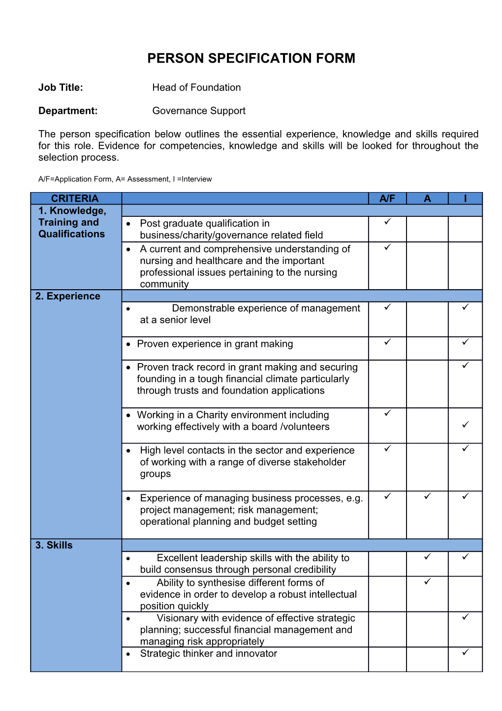 Person Specification Form