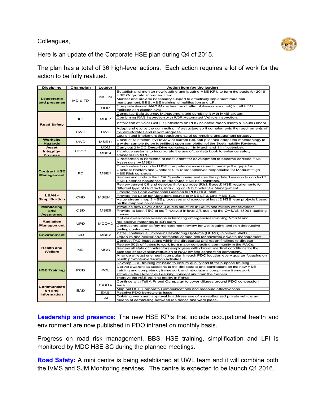 Here Is an Update of the Corporate HSE Plan During Q4 of 2015