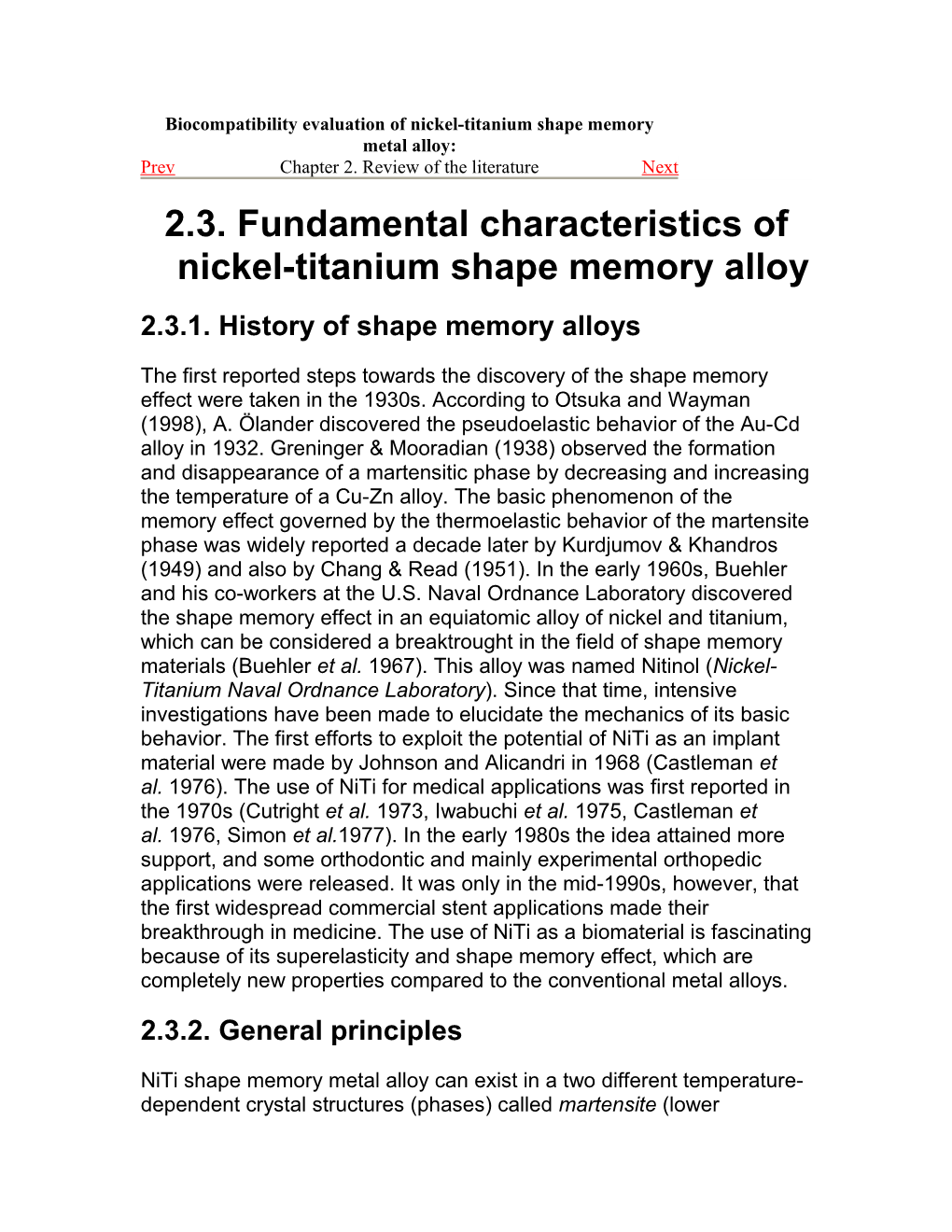 Biocompatibility Evaluation of Nickel-Titanium Shape Memory Metal Alloy