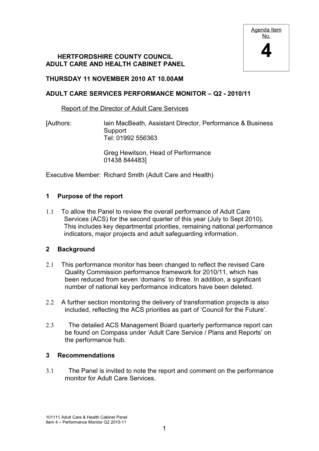 Adult Care and Health Cabinet Panel - Thursday 11 November 2010 at 10.00Am Item 4 - Performance