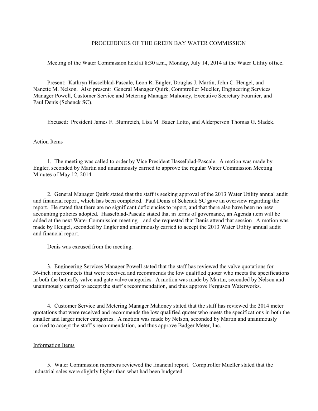 Proceedings of the Green Bay Water Commission