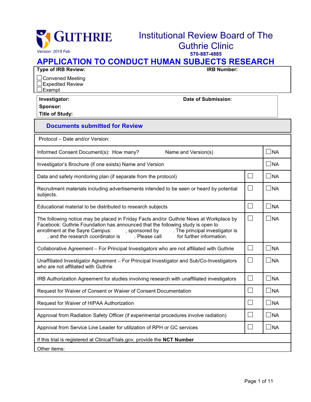 Application to Conduct Human Subjects Research