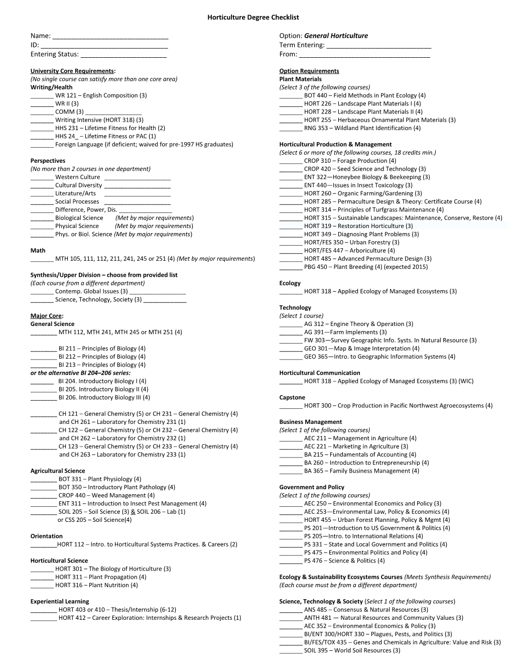 Horticulture Degree Checklist