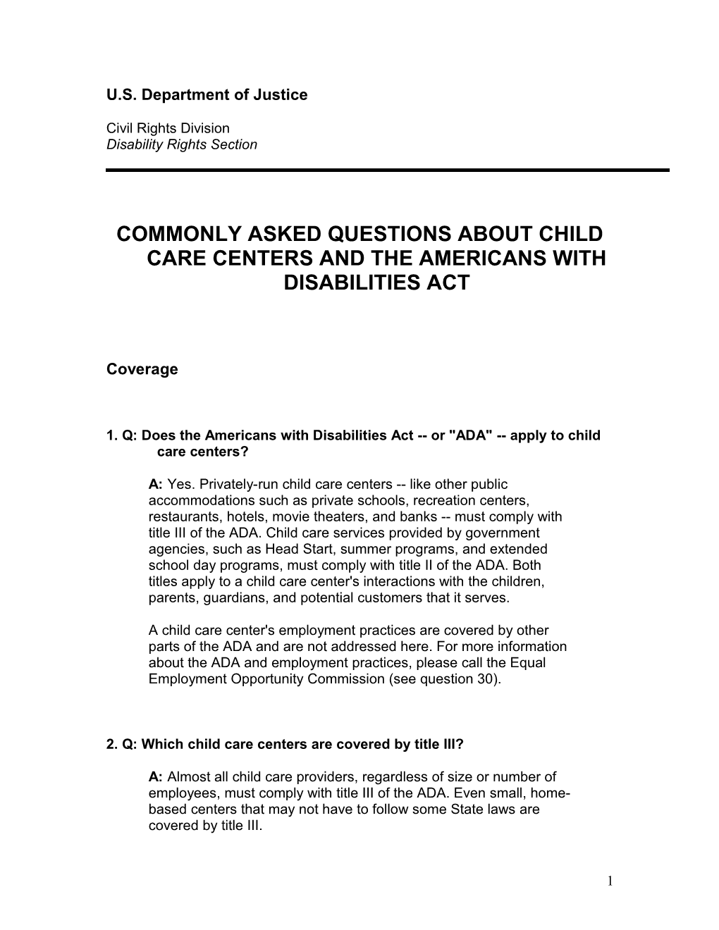Commonly Asked Questions About Child Care Centers and the Americans with Disabilities Act
