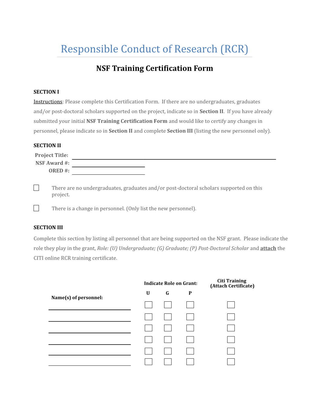 Responsible Conduct of Research (RCR) Training Certification Form