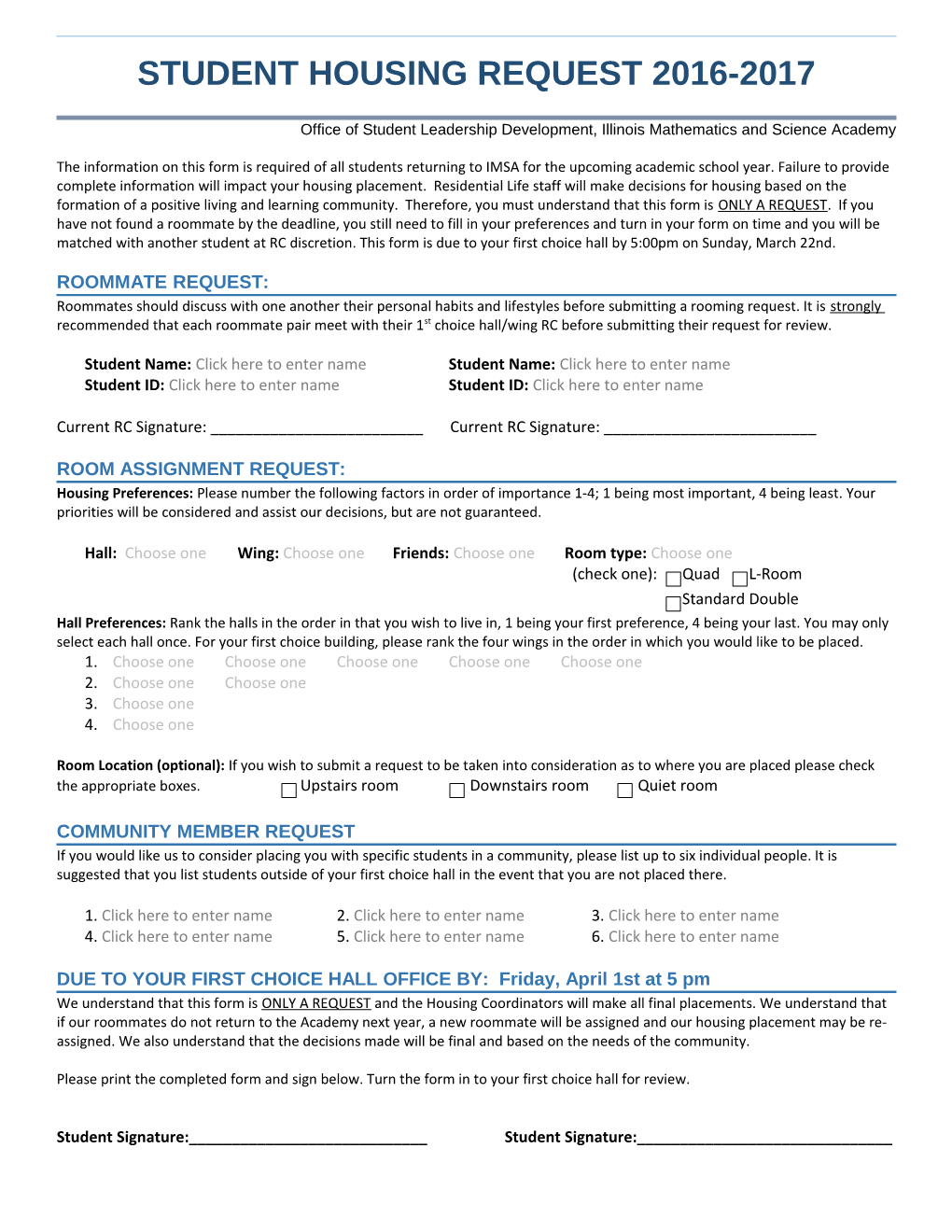 Student Housing Request 2016-2017