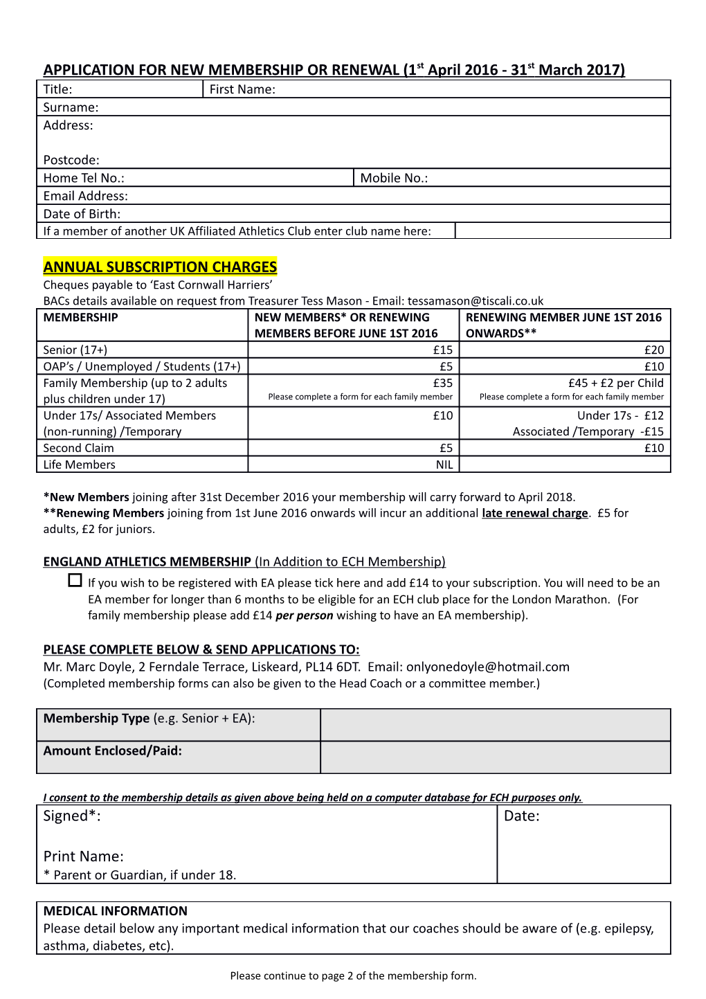 APPLICATION for NEW MEMBERSHIP OR RENEWAL (1St April 2016 - 31St March 2017)