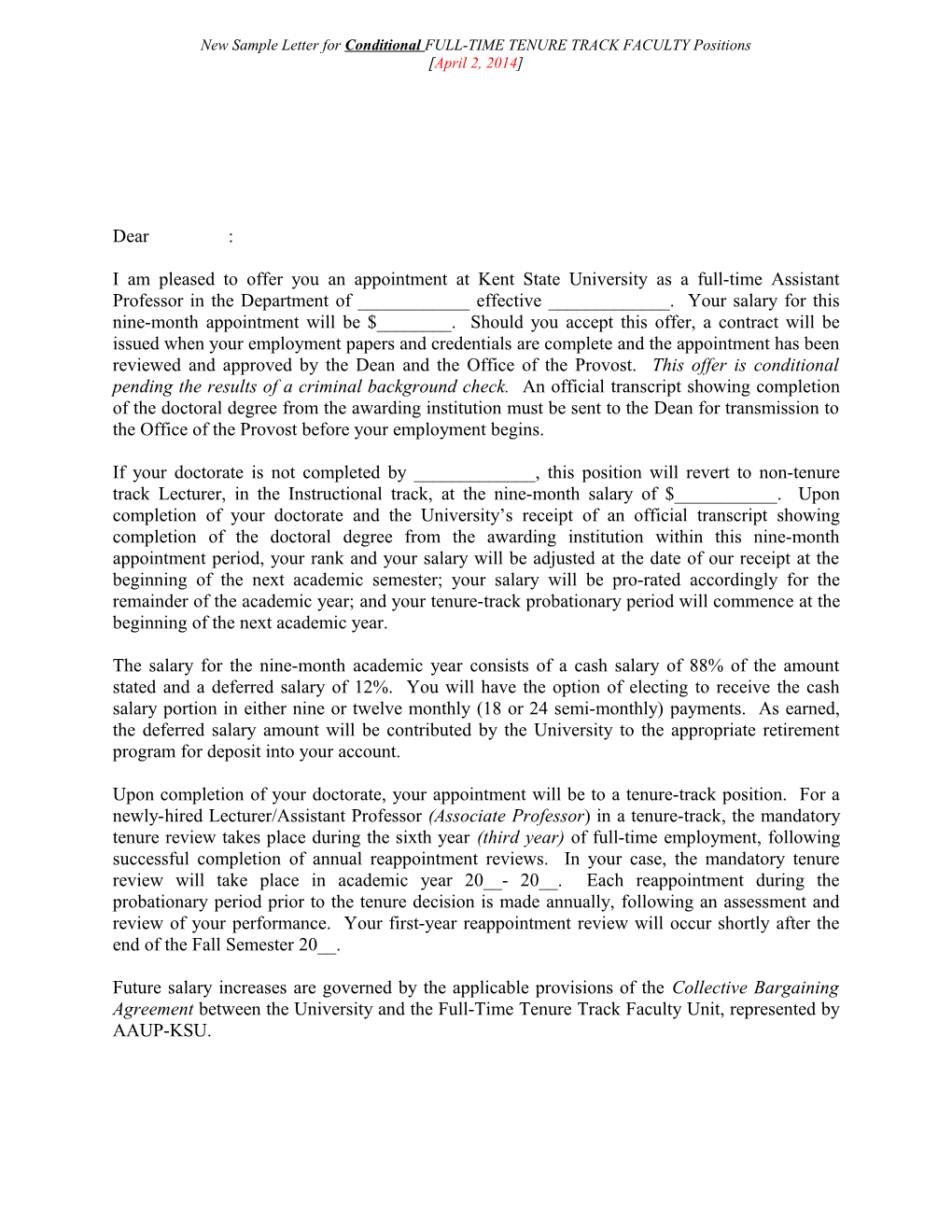 Sample Letter for Conditional FULL-TIME TENURE TRACK FACULTY Positions