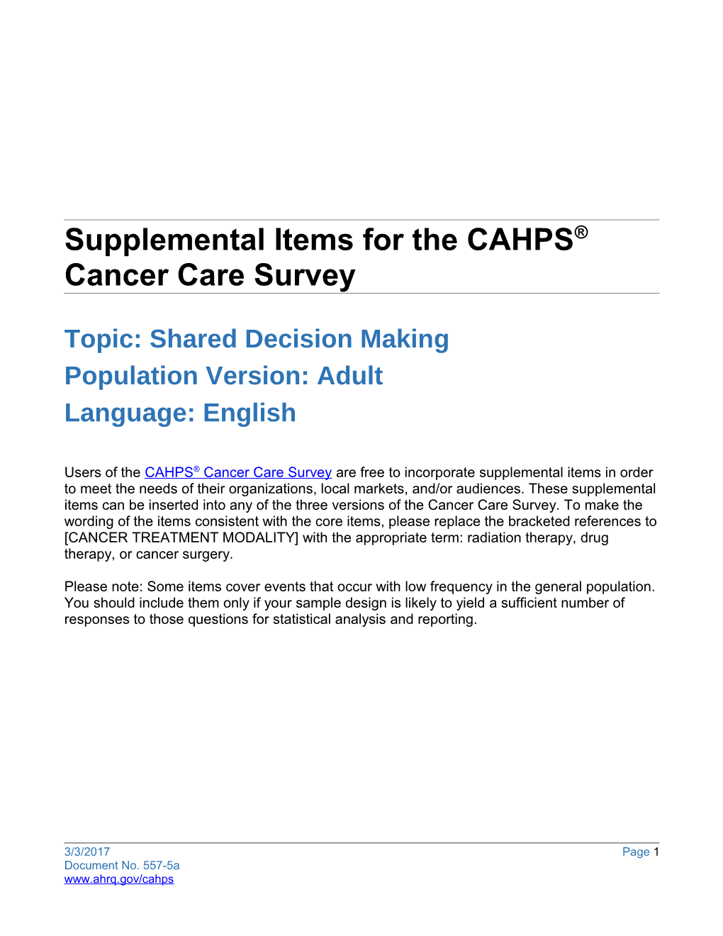 CAHPS Cancer Care Supplemental Items