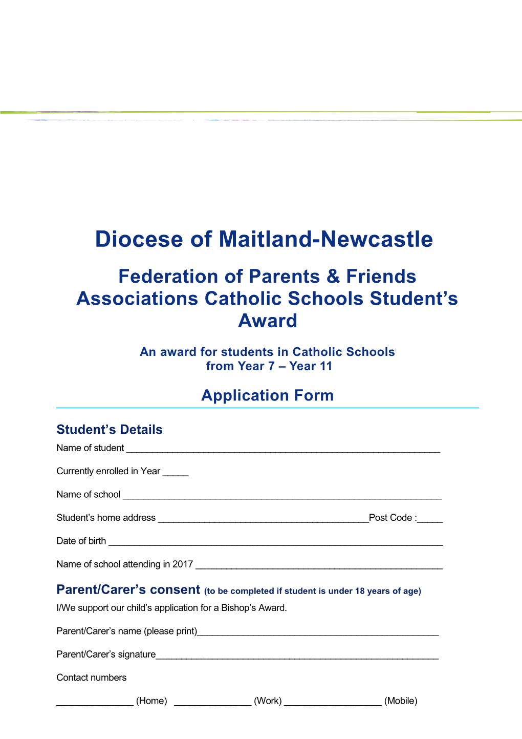Federation of Parents & Friends Associations Catholic Schools Student S Award