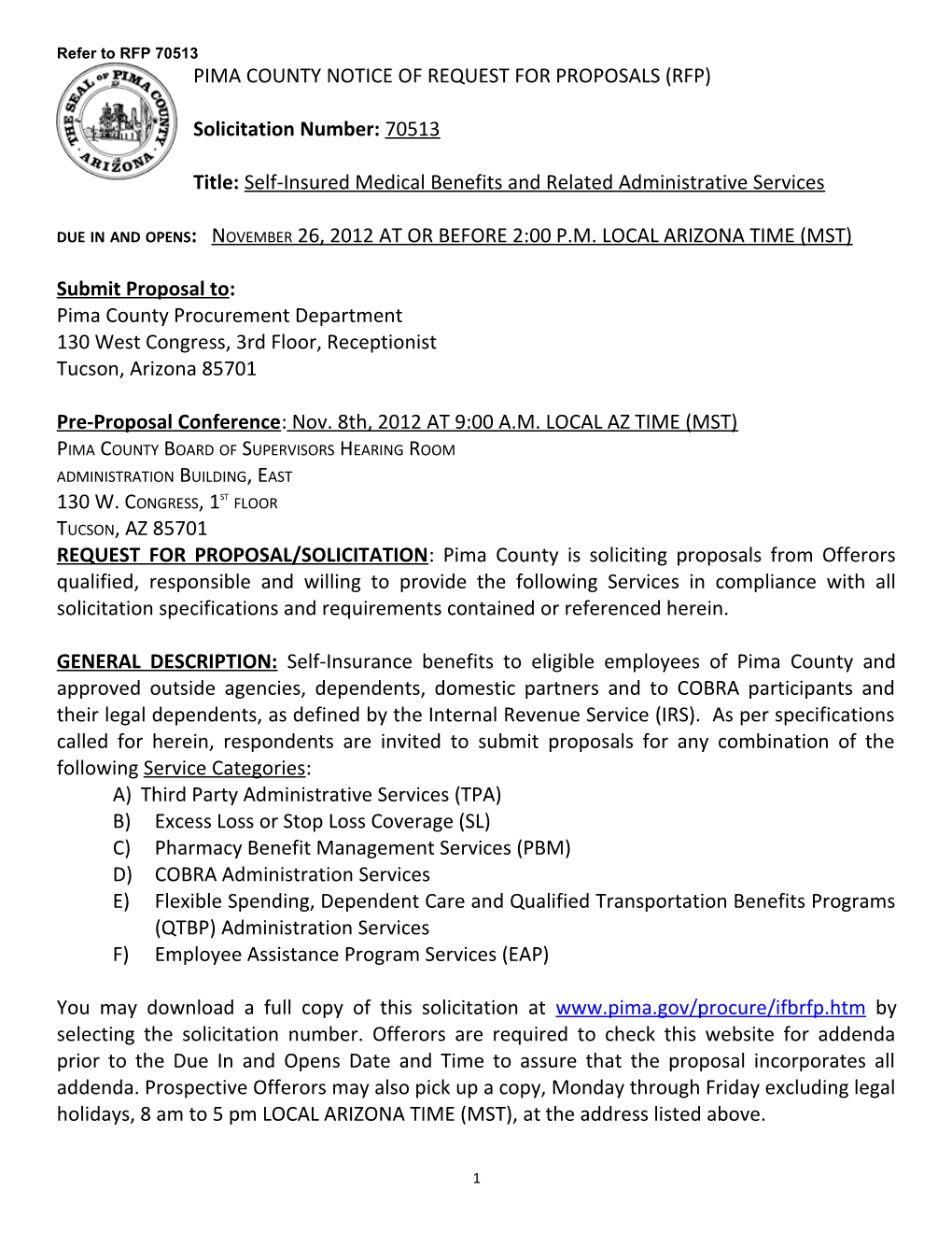 Pima County Notice of Request for Proposals (Rfp)
