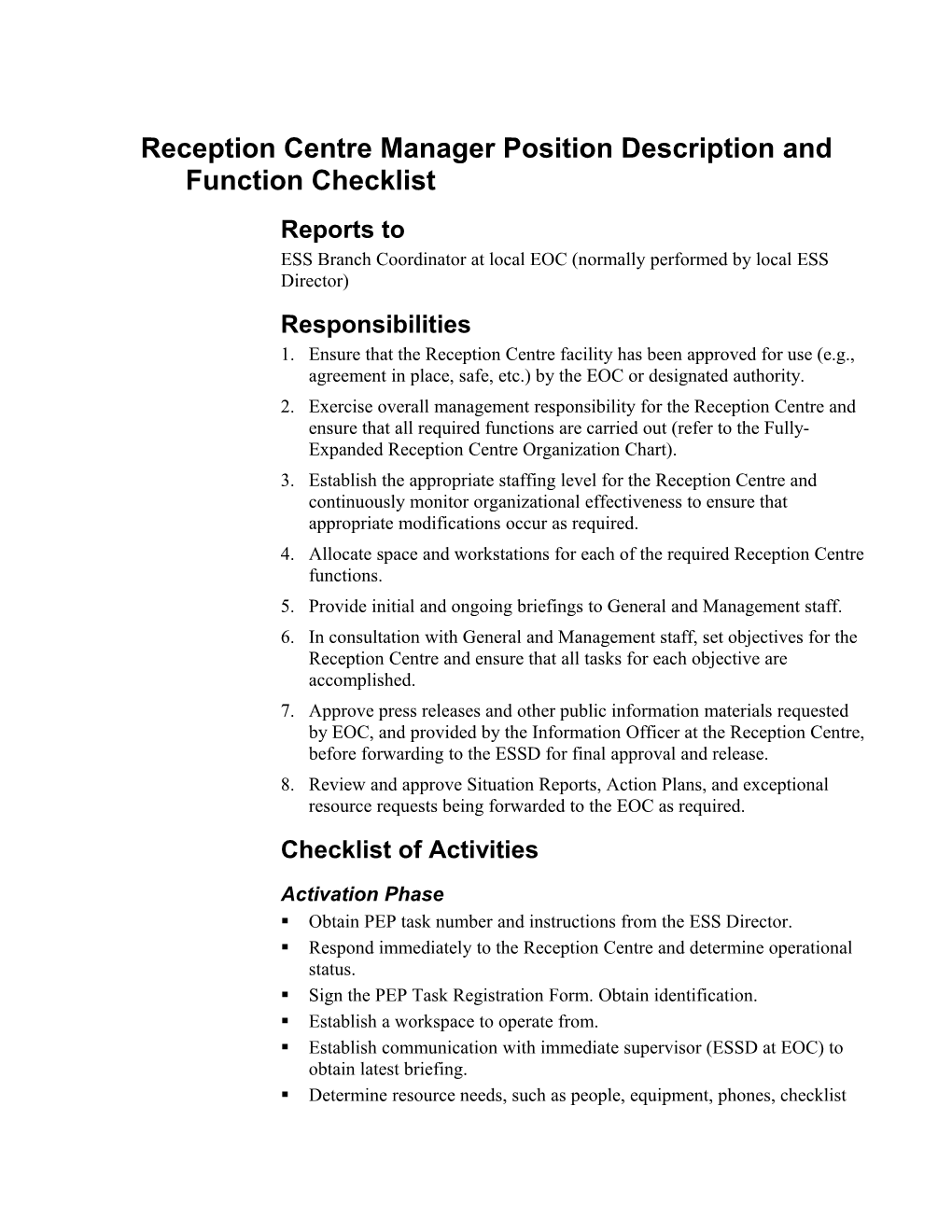 Reception Centre Manager Position Description and Function Checklist