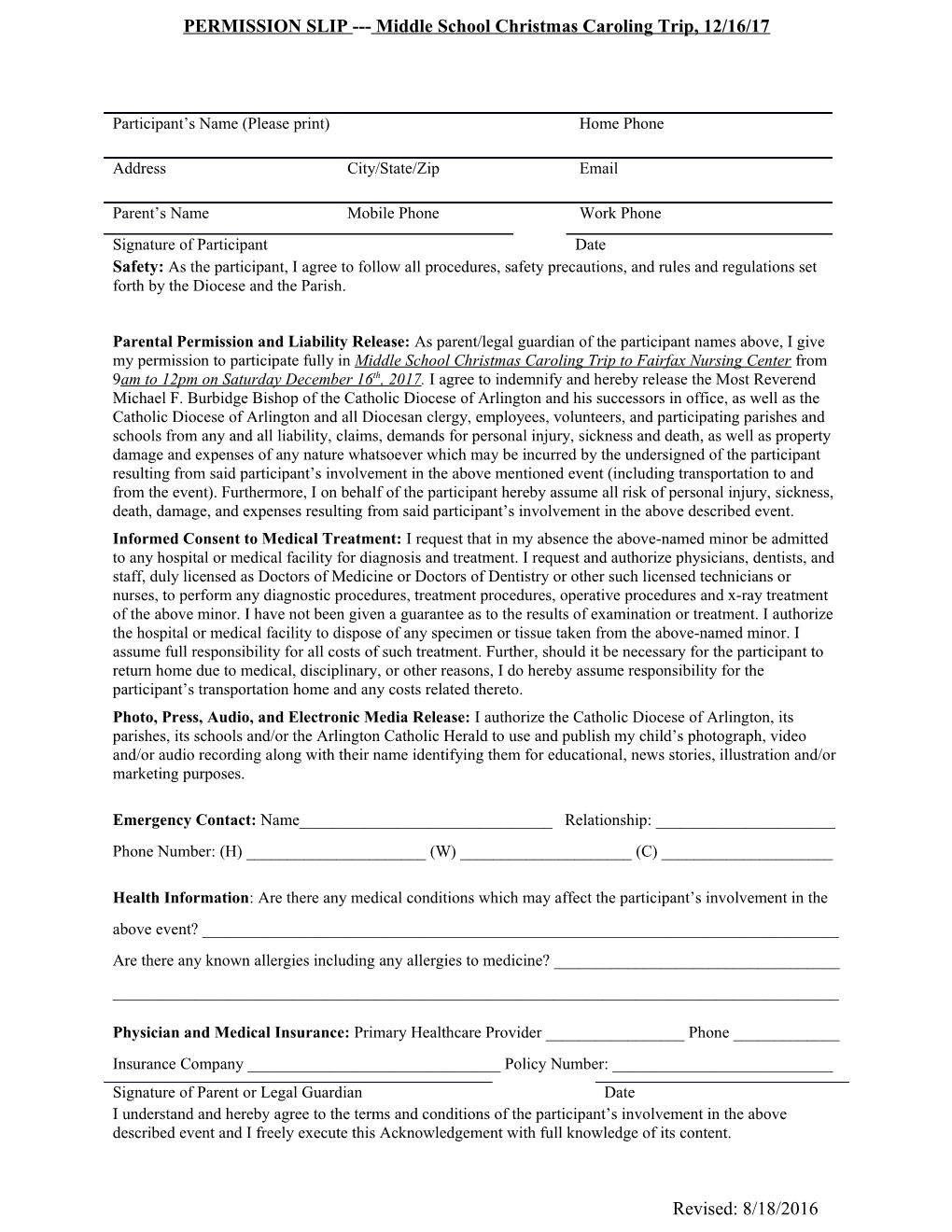 PERMISSION SLIP Middle School Christmas Caroling Trip, 12/16/17