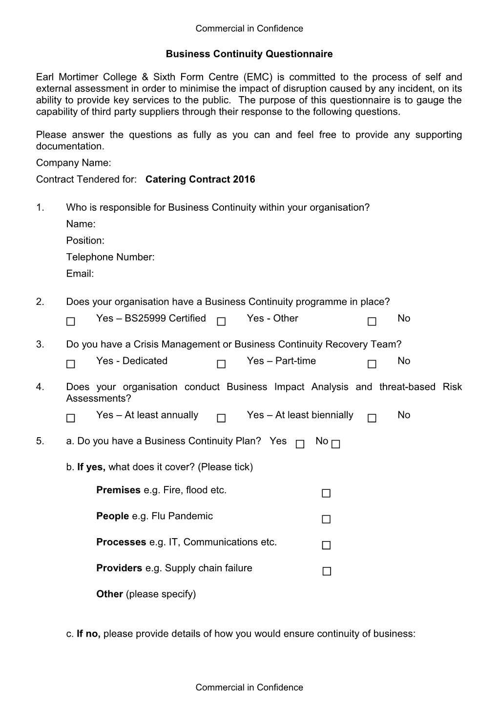 Business Continuity Questionnaire