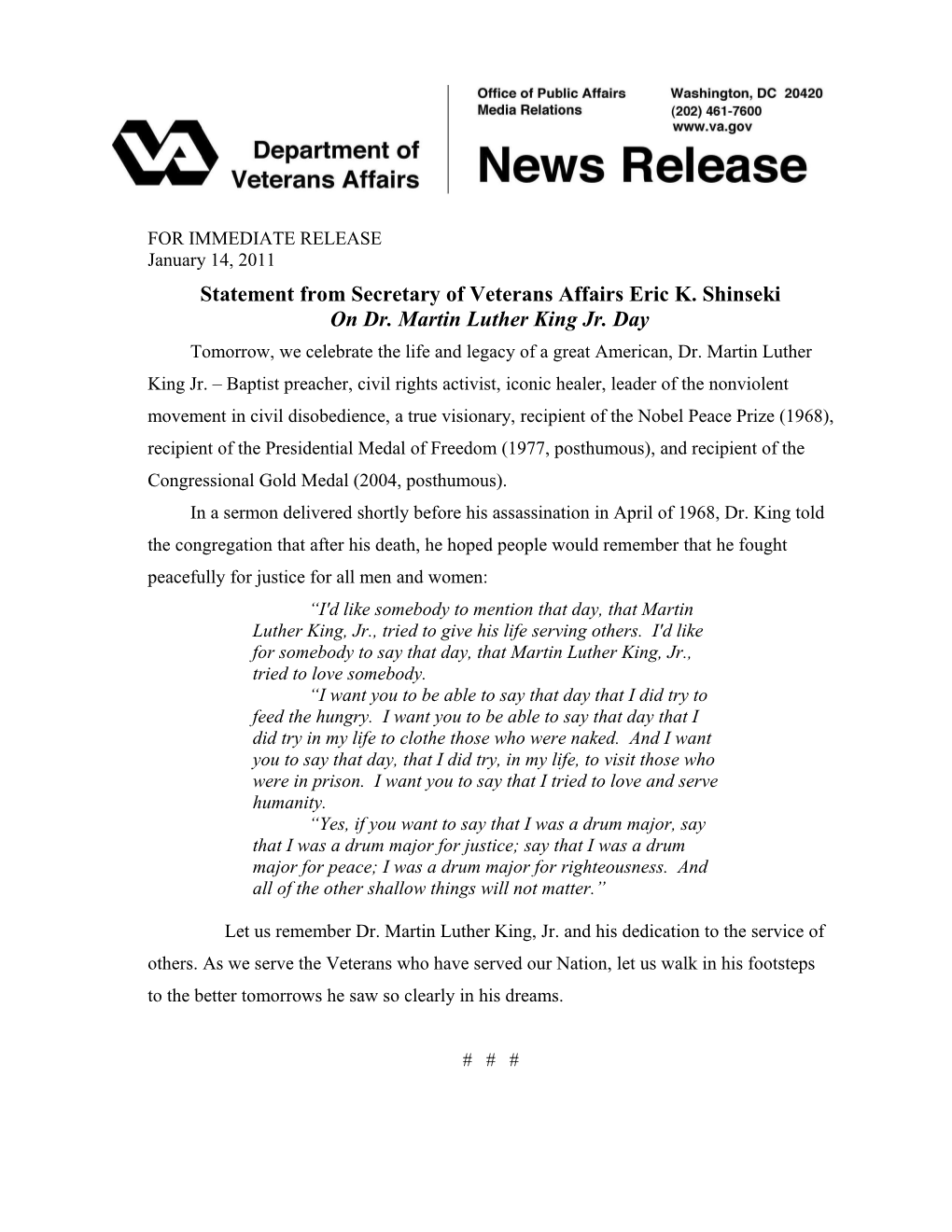 Statement from Secretary of Veterans Affairs Eric K. Shinseki