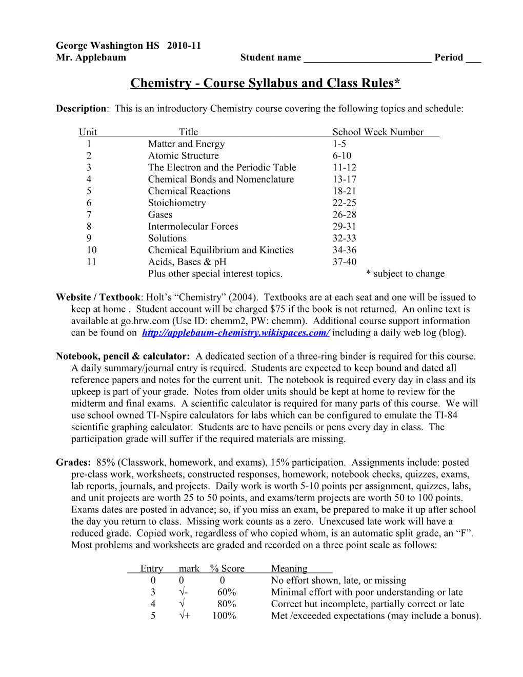 Chemistry 2004-2005, Syllabus and Classroom Rules