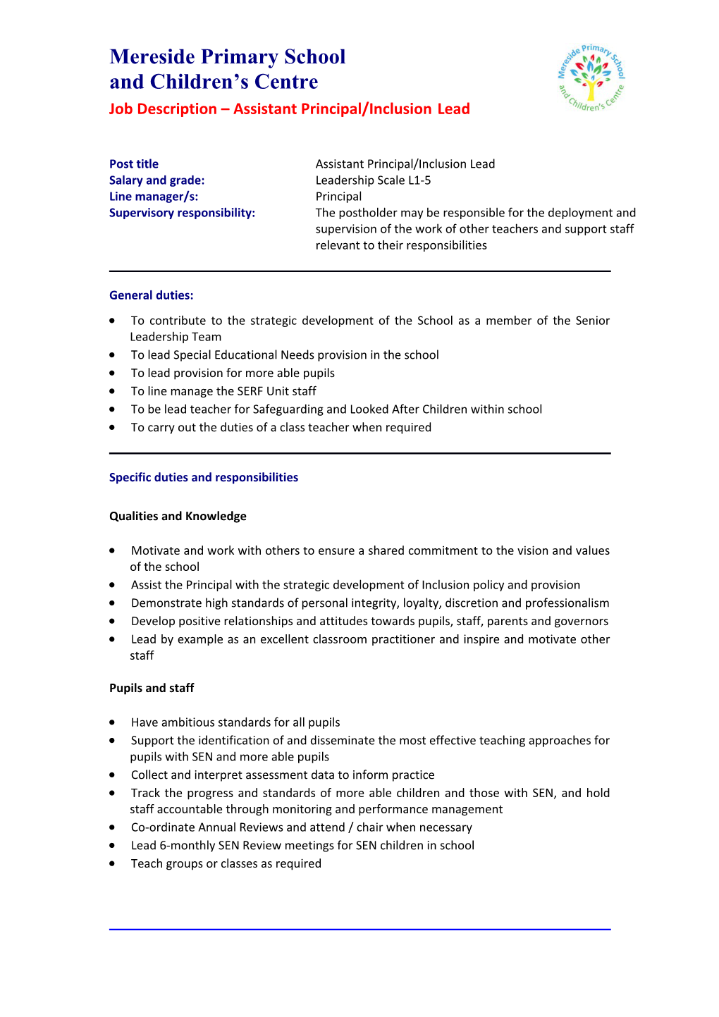 Job Description Assistant Principal/Inclusionlead