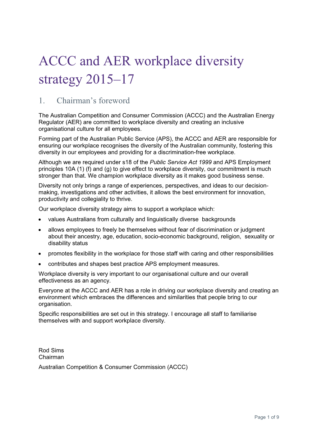 ACCC and AER Workplace Diversity Strategy 2015 17