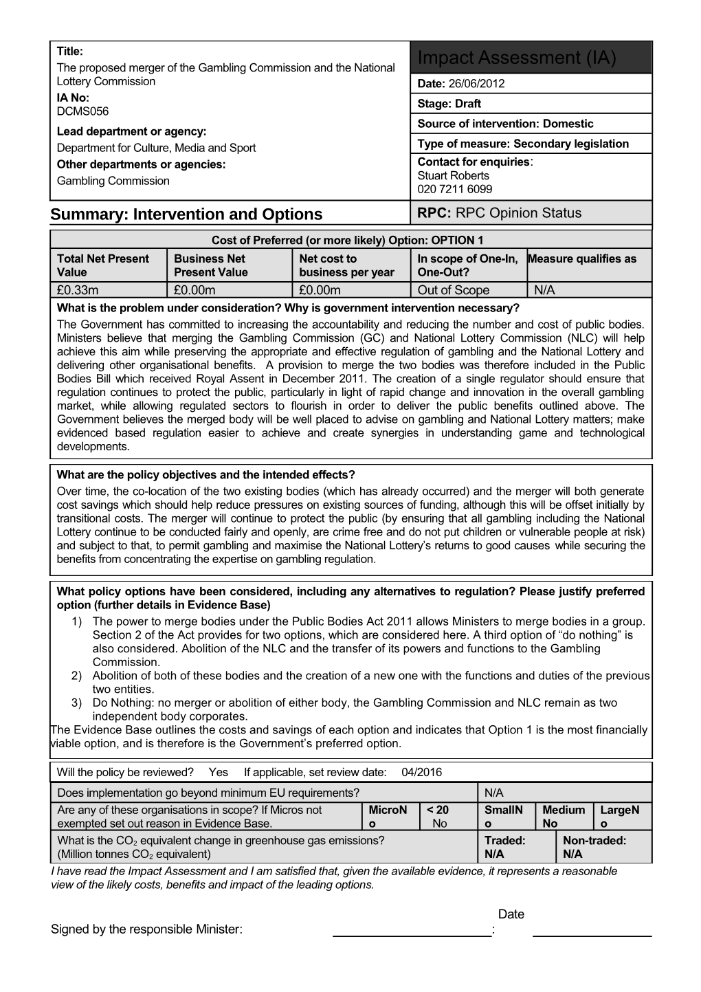 Impact Assessment: the Proposed Merger of the Gambling Commission and the National Lottery