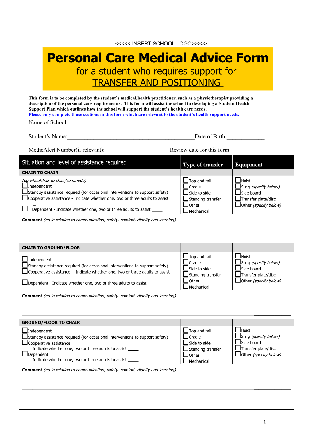 Personal Care Medical Advice Form for Students Requiring Support for Transfer and Positions