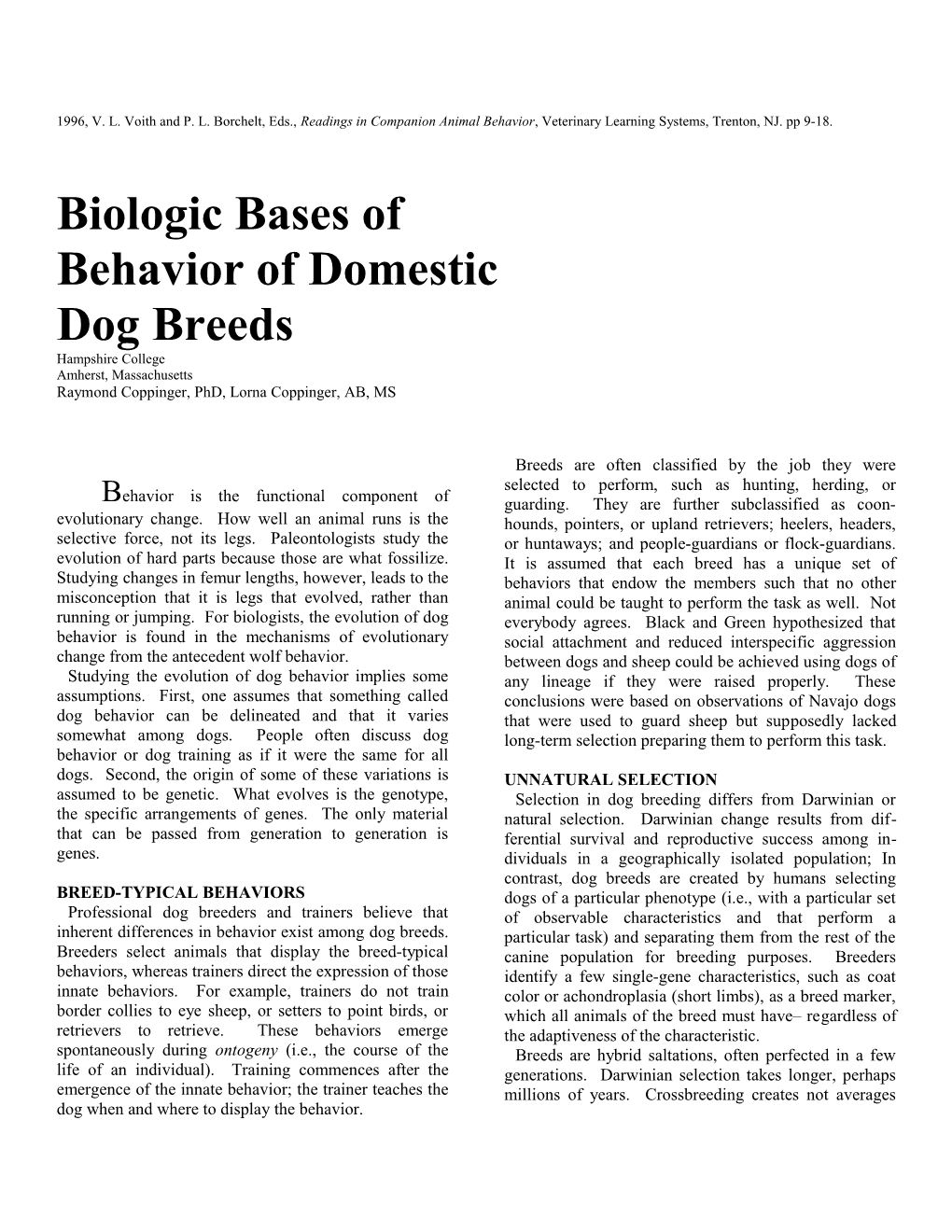 Biologic Bases Of Behavior Of Domestic Dog Breeds