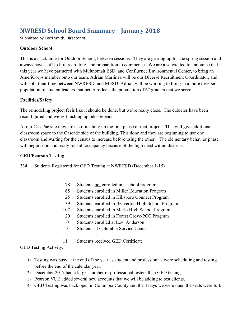 NWRESD School Board Summary January 2018