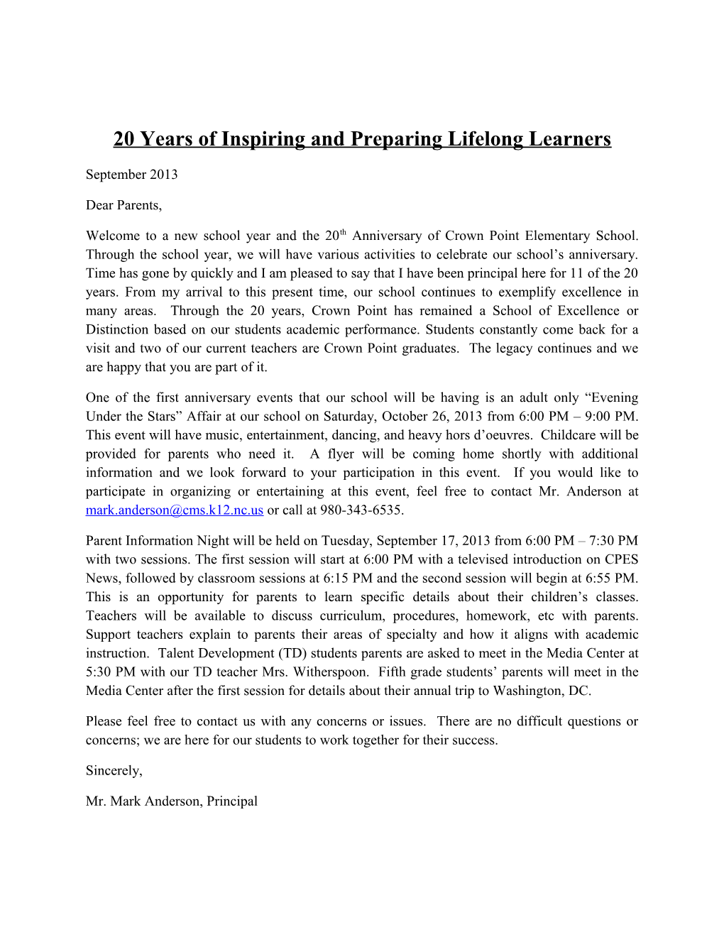 20 Years of Inspiring and Preparing Lifelong Learners