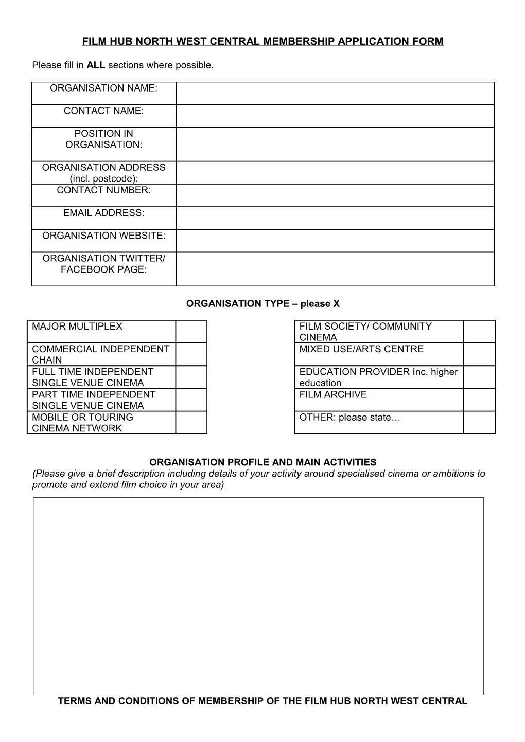 Film Hub North West Central Membership Application Form