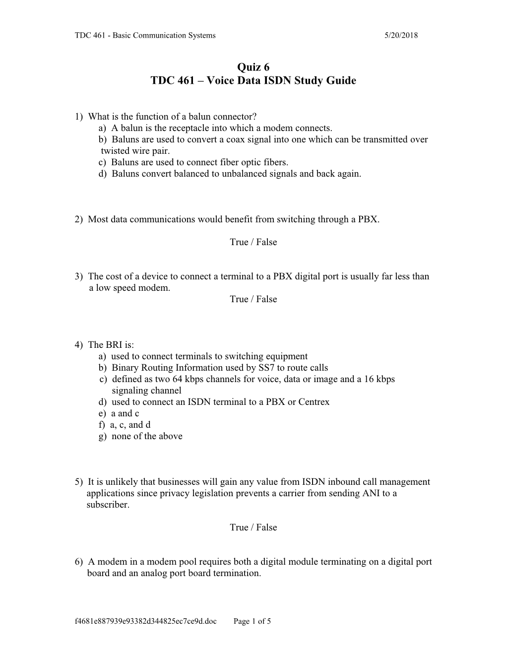 TDC 461 - Basic Communication Systems 10/21/99