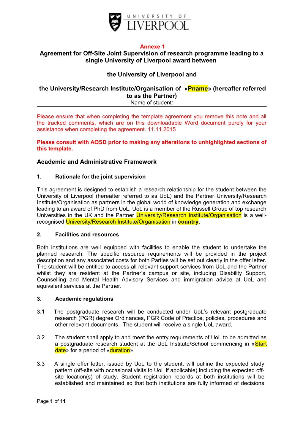 University of Liverpool Template Agreement for a Dual Collaborative Phd Degree with Ocean