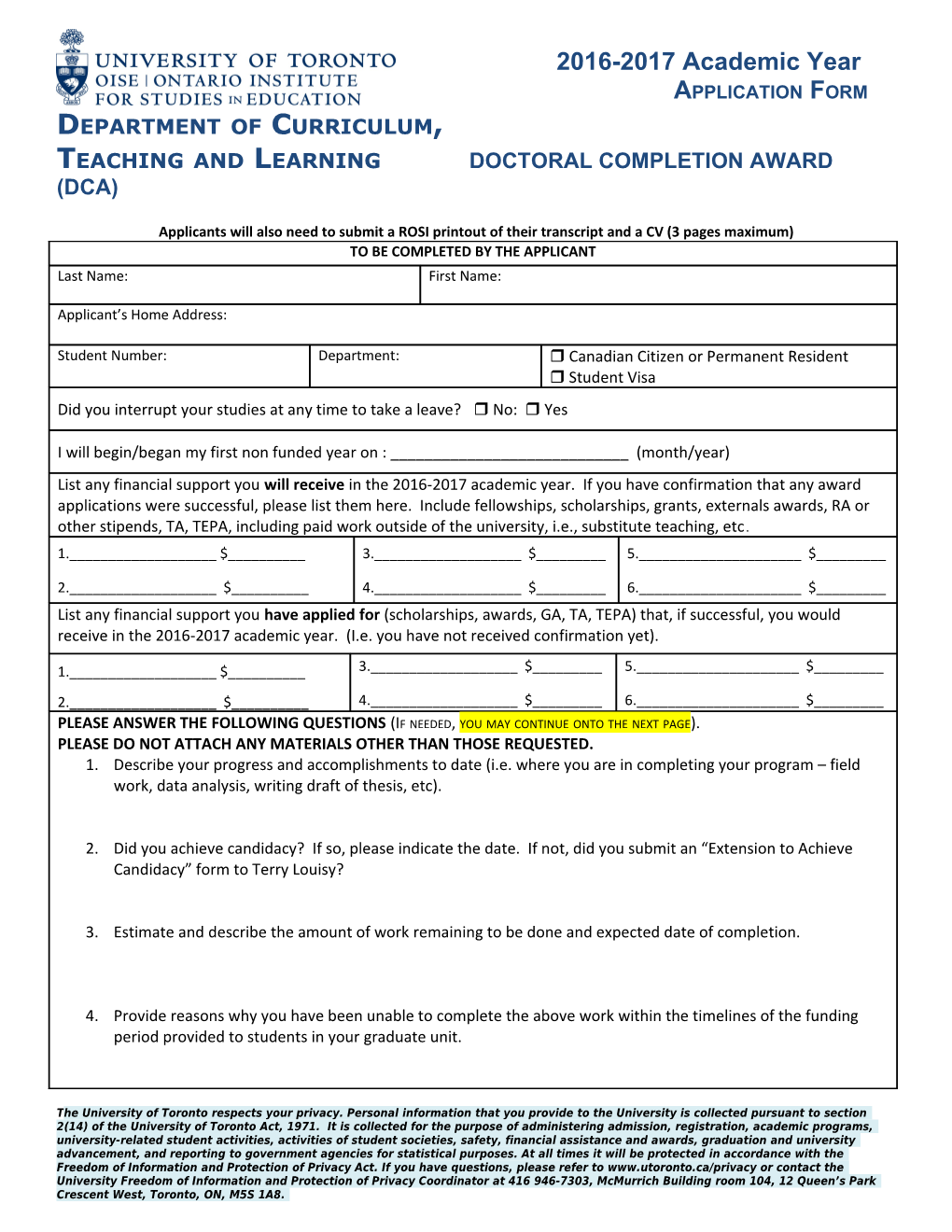 Teaching and Learning Doctoral Completion Award (DCA)