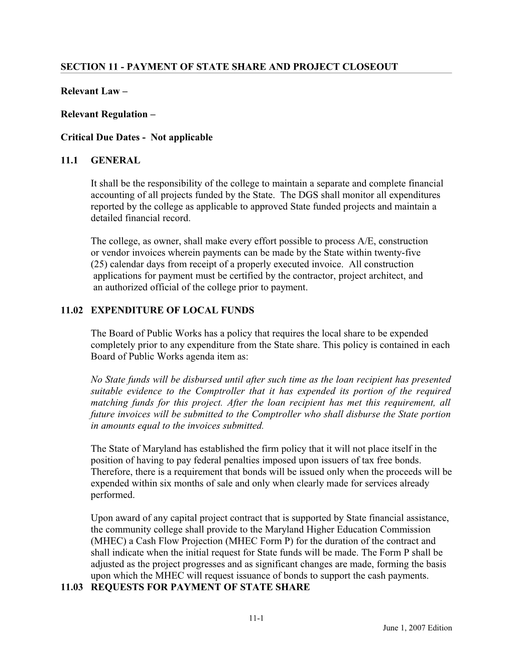 Section 11 - Payment of State Share and Project Closeout