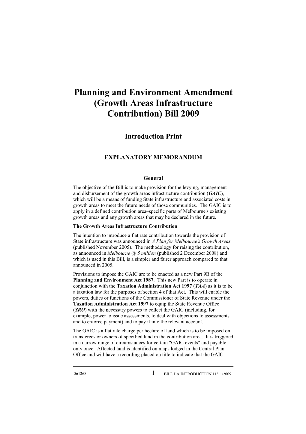 Planning and Environment Amendment (Growth Areas Infrastructure Contribution) Bill 2009