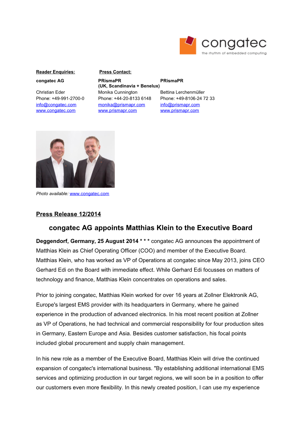 Congatec AG Appoints Matthias Klein to the Executive Board