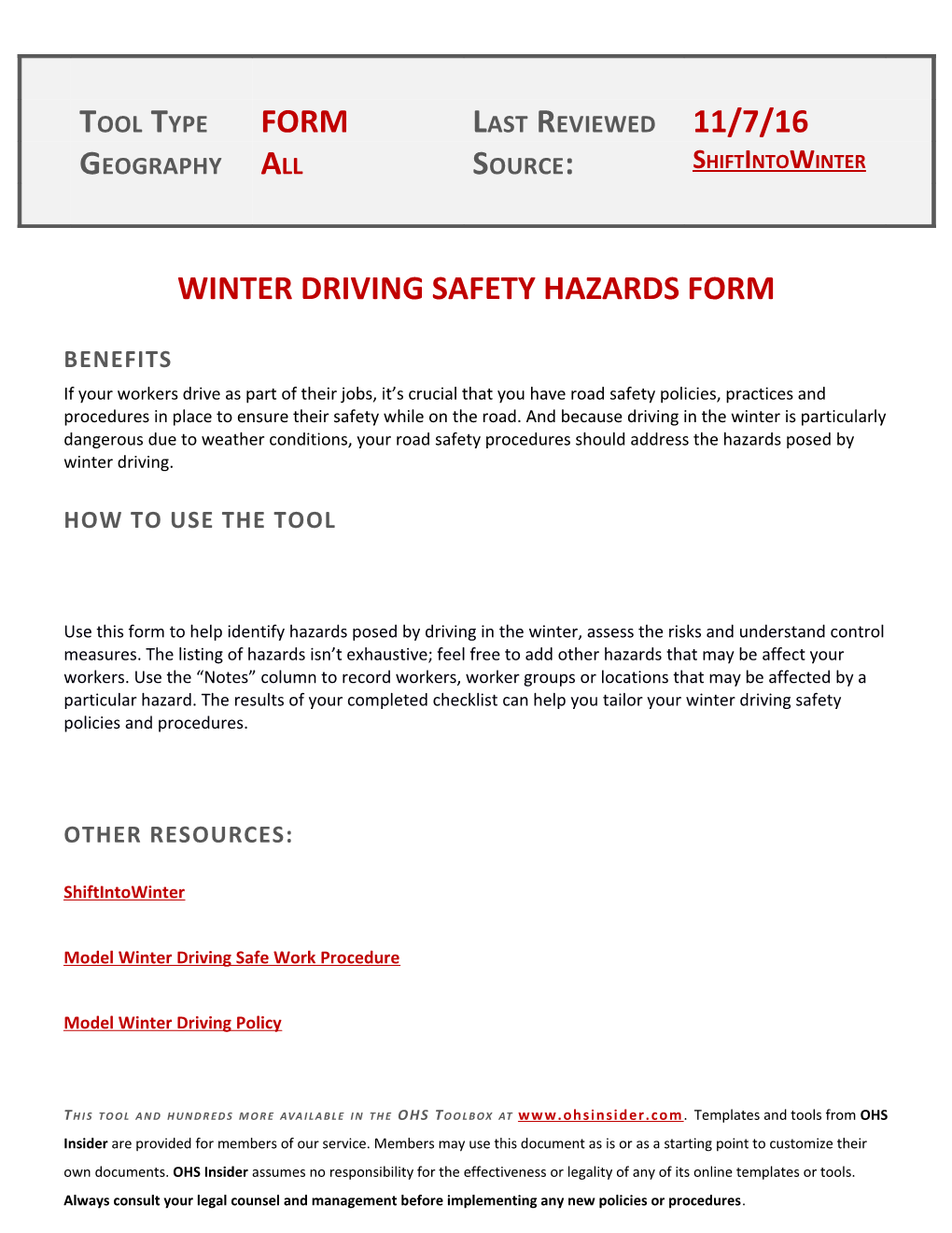 Winter Driving Safety Hazards Form