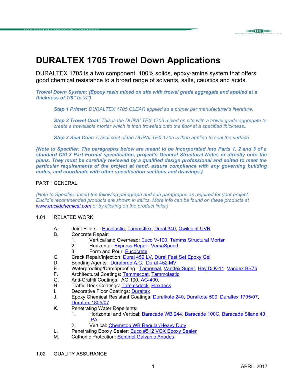 DURALTEX 1705 Trowel Down Applications
