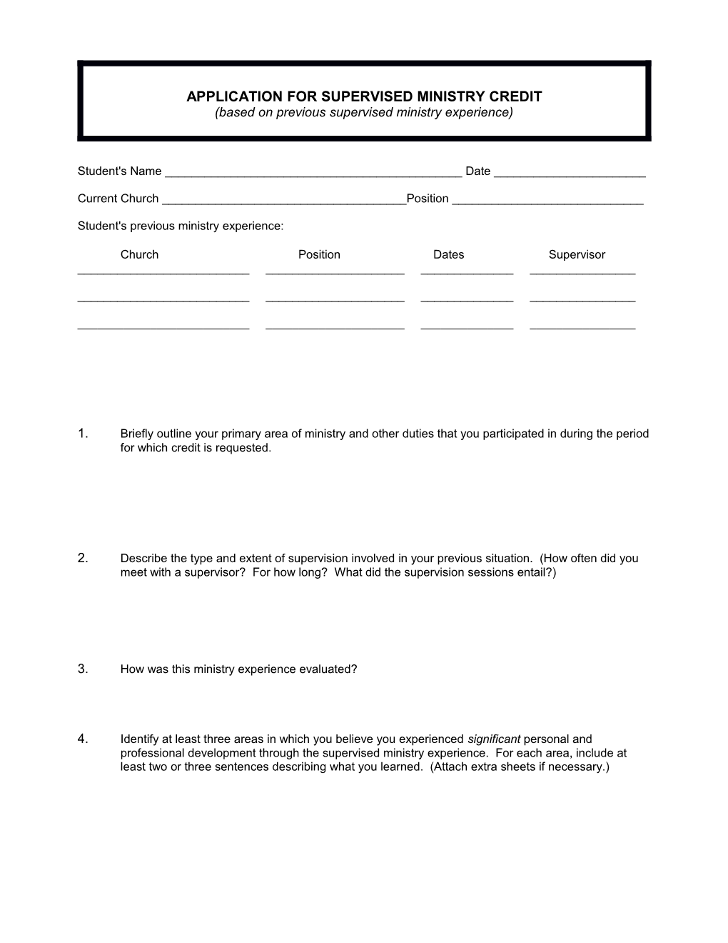Application for Supervised Ministry Credit