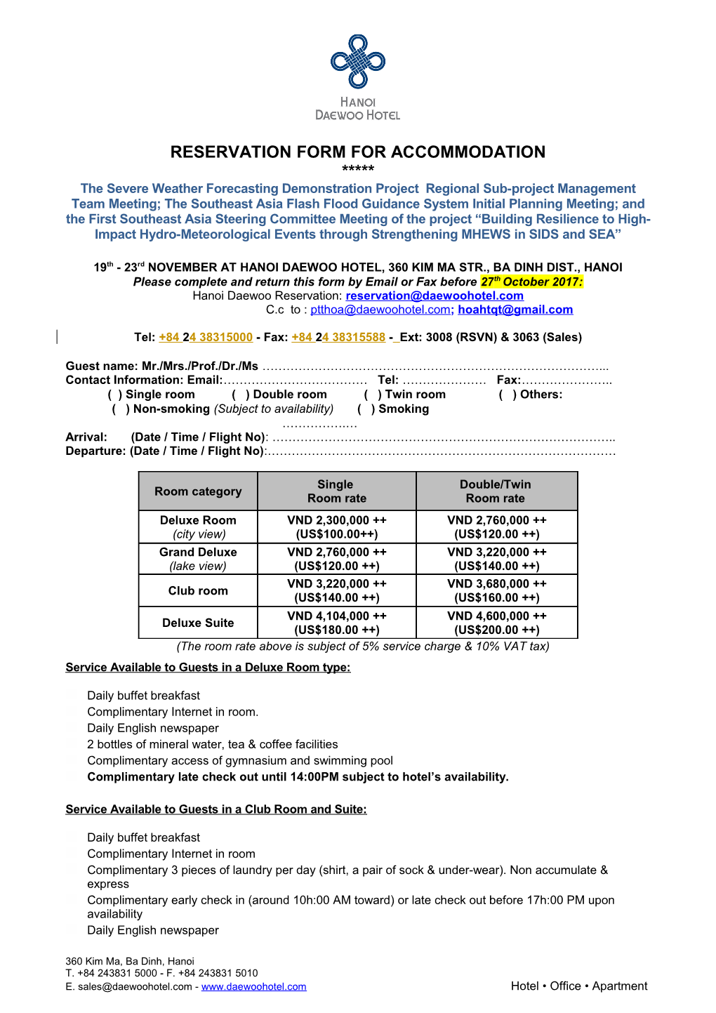 Reservation Form for Accommodation